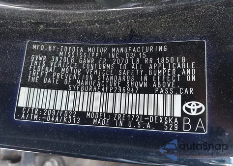 2015 Toyota Corolla S Plus from USA, damaged, VIN 5YFBURHE4FP296947
